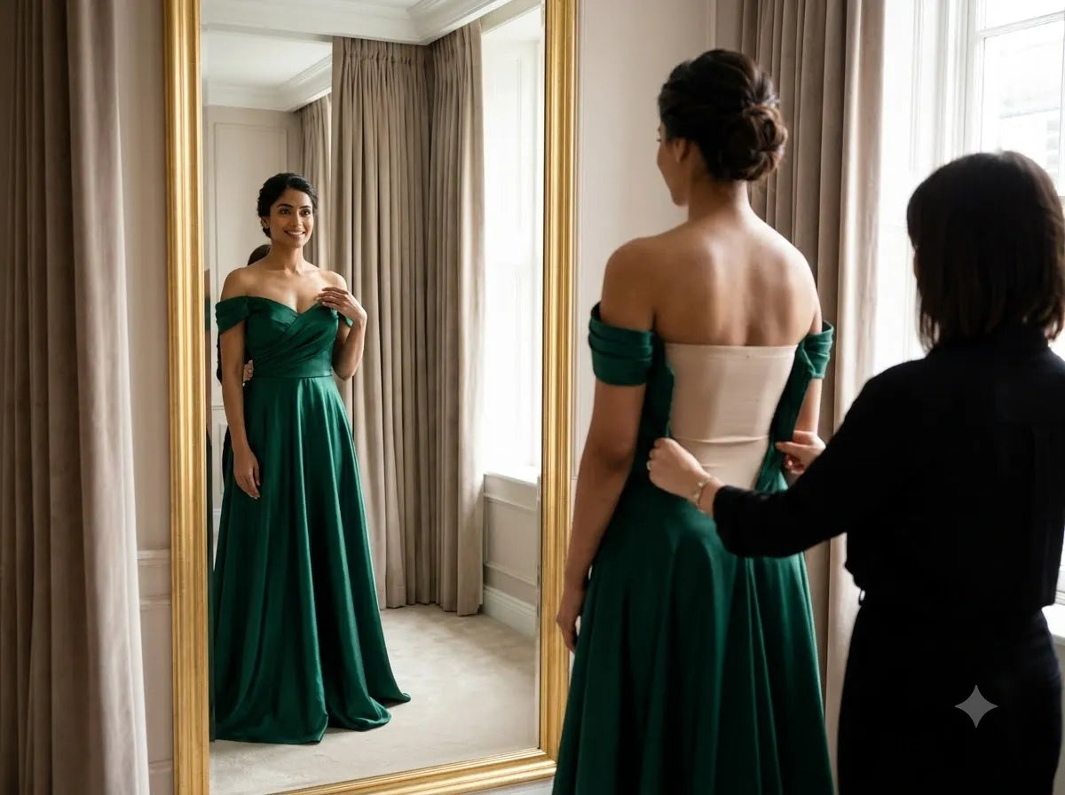 Woman wearing a strapless bodysuit under an off-shoulder dress