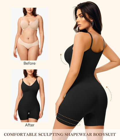 Before and after comparison of a woman wearing a black sculpting shapewear bodysuit.4