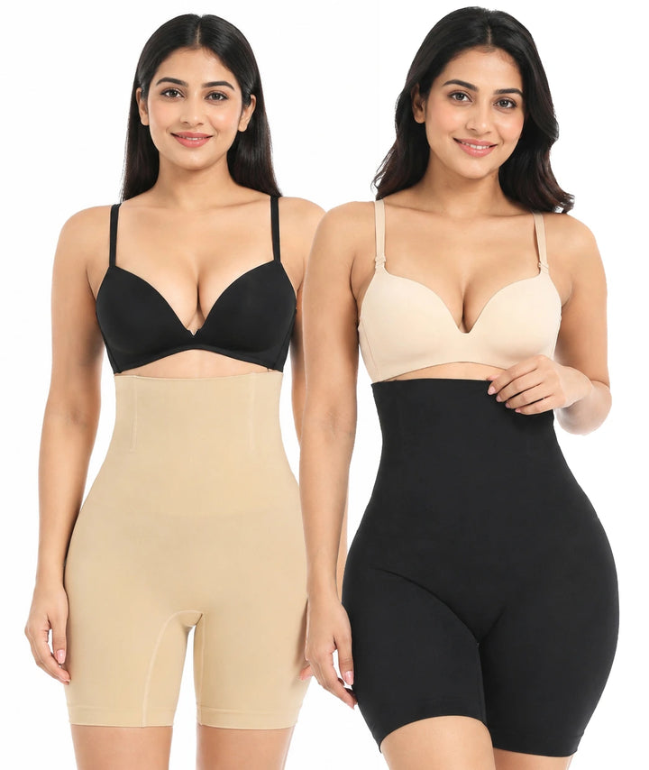 High Waisted Shapewear Shorts for Tummy Control Thigh Slimming (Pack of 2 - Black & Skin)