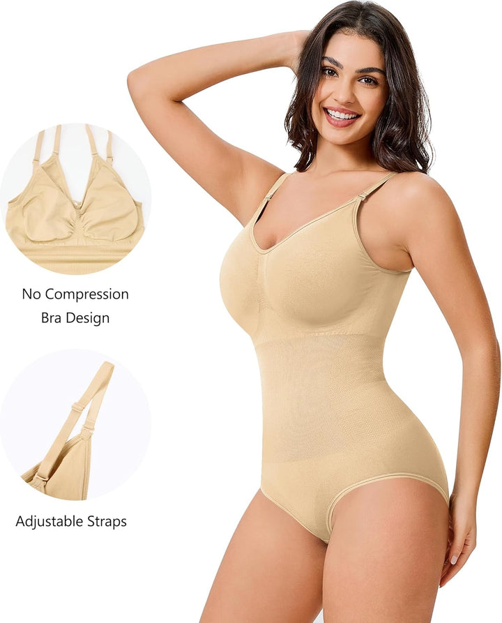 Woman wearing a beige bodysuit with adjustable straps, smiling on a white background.+2